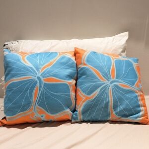 Society6 Blue and Orange Hibiscus Floral Cushions